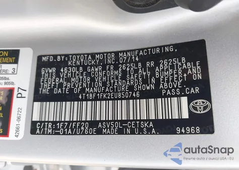 2014 Toyota Camry Se из США, поврежденный, VIN 4T1BF1FK2EU850746